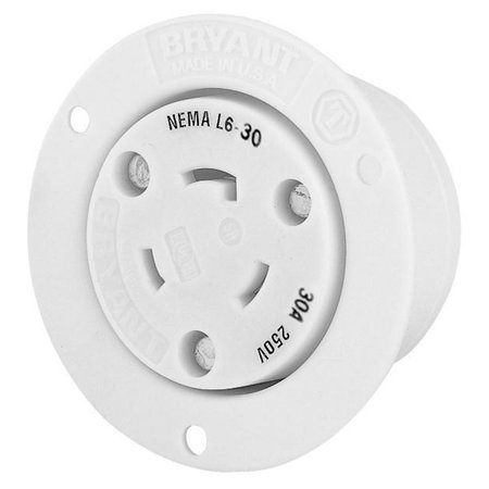 BRYANT Locking Device, Flanged Receptacle, 30A 250V, 2-Pole 3-Wire Grounding, L6-30R, Screw Terminal, White 70630ER
